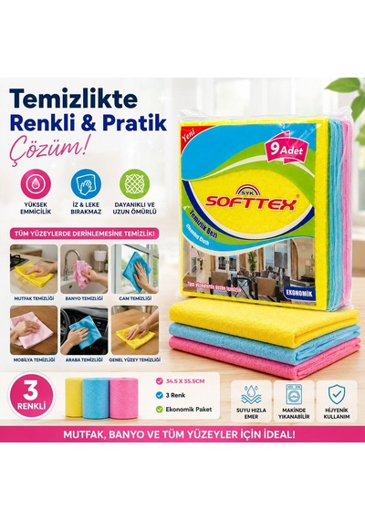 Softtex Renkli Temizlik Bezi 34.5 X 35.5cm 9 Adet Ekonomik Diğer