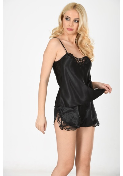 Siyah Saten Babydoll Şortlu Takım