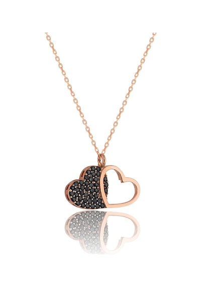 925 Ayar Gümüş Zirkon Taşlı Çift Kalp Kolye Rose Gold - Siyah