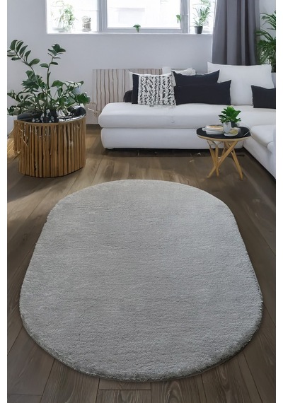 Gri Oval Post Halı Kesme Yolluk Peluş Yumuşak Kaymaz Dot Taban