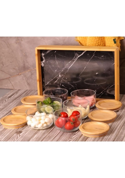 Bambum Duo 300ml 6'lı Siyah Tepsili Bambu Kapaklı Cam Kahvaltılık