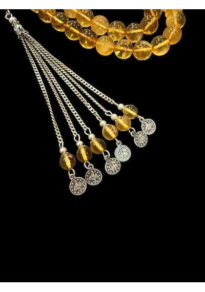 Kaya Damla Kehribar Tesbih 23 Gram 10x10 Mm Gümüş Püsküllü Tespih Sarı