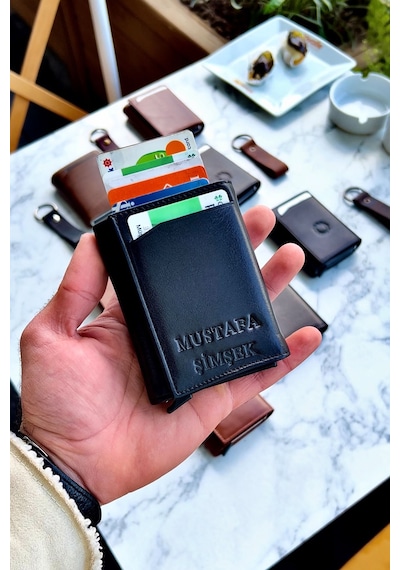 Unisex Siyah Hakiki Deri Mekanizmalı Cüzdan - İsme Özel - Hakiki Deri Anahtarlık Hediyeli Siyah