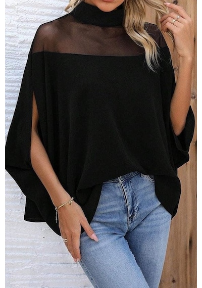 Veraura Lifestyle Kadın Balıkçı Yaka Tül Detaylı Yanlardan Açık Geniş Kesimli Sandy Bluz siyah