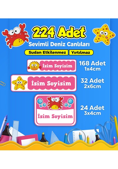 Sevimli Deniz Canlıları Temalı Okul Kreş Kişiye Özel İsim Etiket Seti - Model 135 Çok Renkli