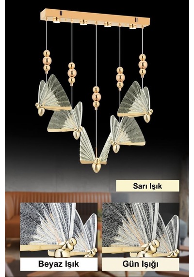 İstanbul Avize İpek Yemek Masası 5'li Gold Ledli 3 Renk Modern Led Avize Gold