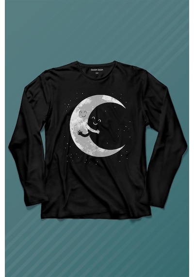 Uzayda Sarılan Ay Aşık Smile Cosmos Gülümsemesi Uzun Kollu Tişört Baskılı T-shirt 001