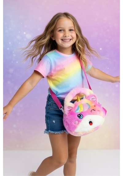 Mollycrush Kız Çocuk Renkli Peluş Çanta Unicorn Tasarımlı Ayarlanabilir Askılı Omuz Ve El Çantası Pembe
