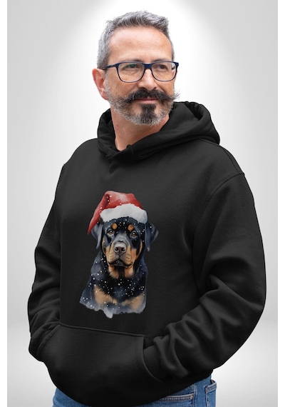 Yeni Yıl Noel Rottweiler Kadın Erkek Siyah Kapüşonlu Sweatshirt Hoodie Siyah