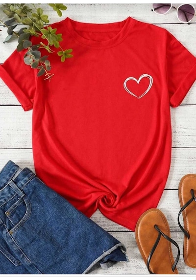 Kozia Outdoors Malkoçbey Kalp Baskılı Oversize Unisex Basic T-şhirt Kırmızı, Kirmizi