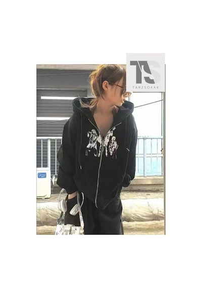 Tarzsokak Punk Tasarım Sweatshirt Fermuarlı Hırka Siyah