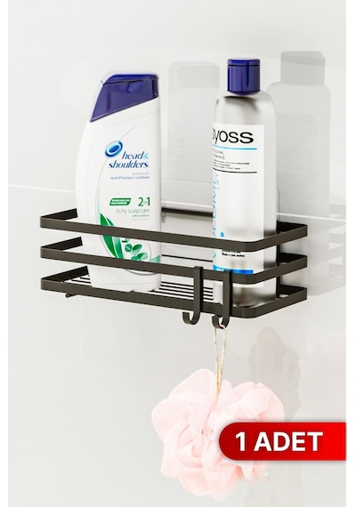 Banyo Düzenleyici Şampuanlık Sabunluk 1 Adet Lamalı Yapışkanlı 2 Askılı Duş Rafı Organizer Siyah