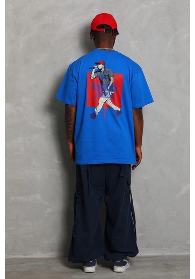 Erkek Baskılı Tişört Kısa Kol Bisiklet Yaka Oversize T-shirt - Mi Mavi