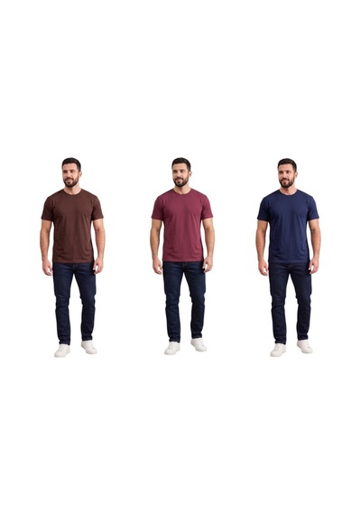 Bigmost Erkek 3'lü Set Premium Modal Kumaş Regular Fit Basic Tişört Bordo - Lacivert - Kahve