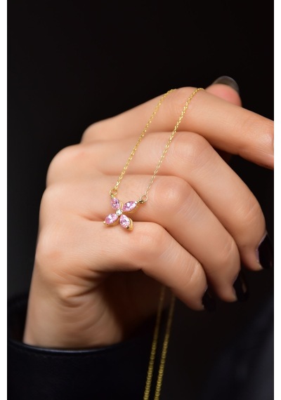 Papatya Silver 925 Ayar Gümüş Gold Kaplama Pembe Zirkon Taşlı Plumeria Kolye