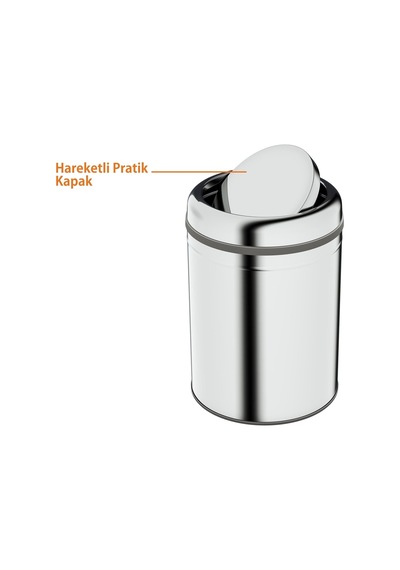 Basic Çöp Kovası - Sallanır Kapaklı 8 L, Parlak Krom Paslanmaz
