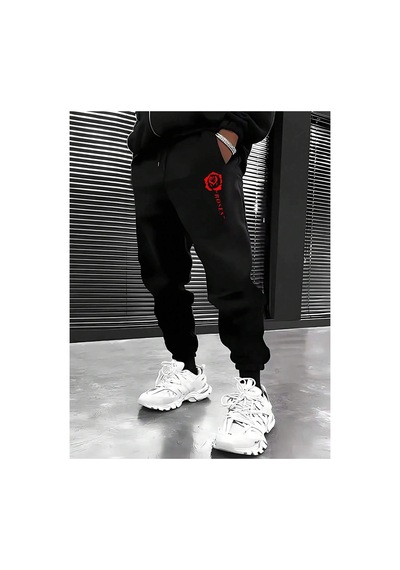 Tarzsokak Hypemode Floral & Letter Graphic Drawstring Waist Eşofman Altı Siyah