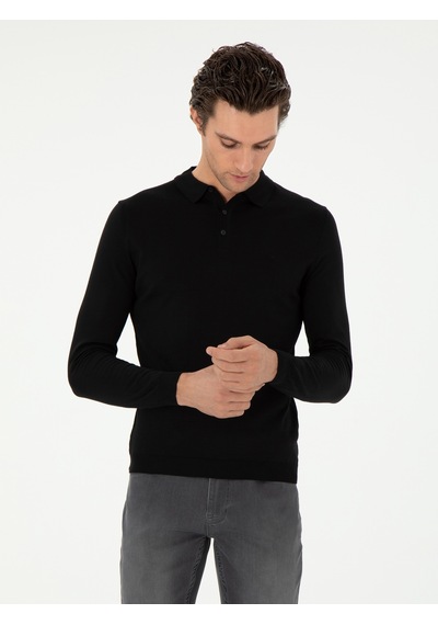 Cacharel Siyah Slim Fit Yün Karışımlı Polo Yaka Basic Triko Kazak