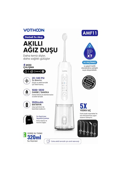 Şarjlı Ağız Duşu Diş Bakım Cihazı 4 Modlu Diş Arası Temizleyici 320ml 5 Başlıklı 1500 Mah Kablosuz