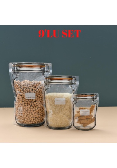 Klips Desenli Kavanoz Görünümlü Kilitli Doypack Saklama Poşeti 9 Adet 3 Büyük 1000ml 3 Orta 700ml 3 Küçük 200ml