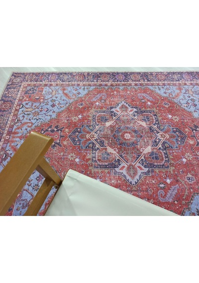 Kırmızı Ve Mavi Madalyon Desenli Vintage Halı