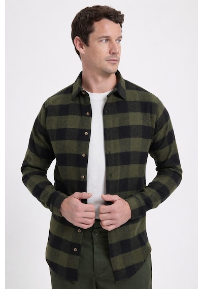Tudors Erkek Slim Fit Dar Kesim Kareli Kışlık Oduncu Gömlek-42354 Haki
