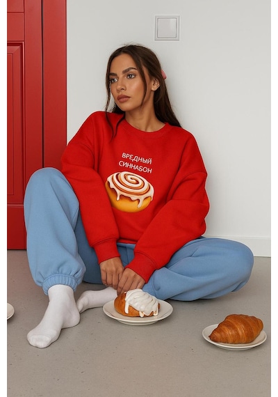 Benroma 3 İplik Penye Pasta Baskılı Unisex Sweatshırt Kırmızı