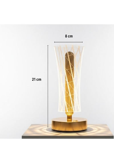 Silindirik Kristal Çizgi Model Led Masa Lambası Gold Tabanlı, Dokunmatik, 3 Renk Işık Modlu, Şarjlı Modern Dekoratif Gece Lambası 5570 Beyaz