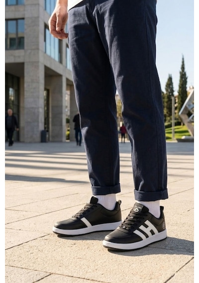 Papuç Sepeti 037 Erkek Rahat Taban Sneakers Spor Ayakkabı SİYAH-BEYAZ