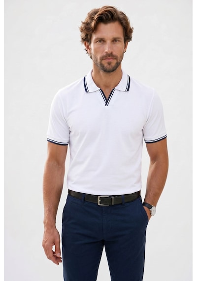 Tudors Erkek Slim Fit Dar Kesim %100 Pamuklu Çizgili Detaylı V Yaka Beyaz Polo Yaka Tişört-51593