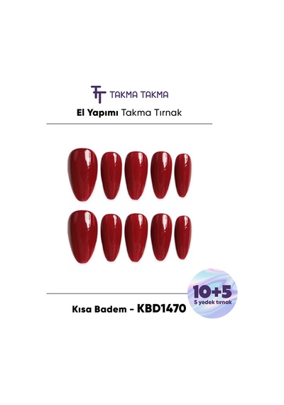 15'li Bordo Kısa Badem Kbd1470 - Tekrar Kullanılabilir El Yapımı Protez Takma Tırnak Xs