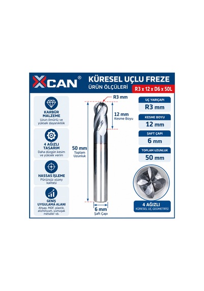 R3 Küresel Uçlu Cnc Freze Ucu 6 Mm Şaft 12 Mm Kesme Boyu 50 Mm