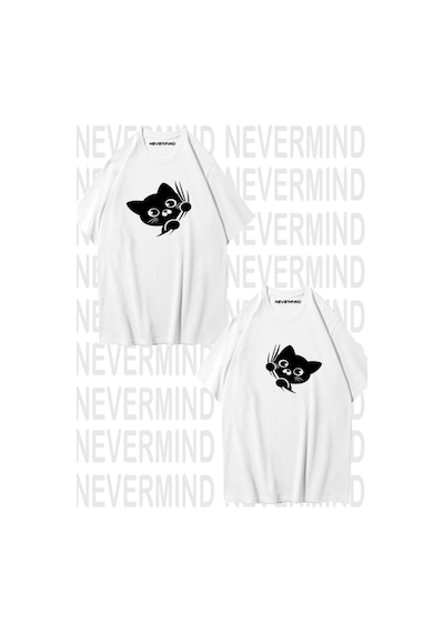 Nevermind Sevimli Cat Temalı Unisex Çift Tişörtü Beyaz