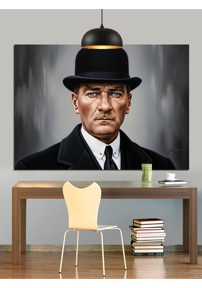 Şapkalı, Mustafa Kemal Atatürk Portresi Dekoratif Kanvas - Mdf Ahşap Tablo