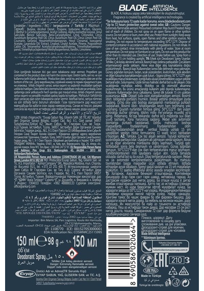 Artificial Intelligence Erkek Alüminyumsuz Deodorant Body Spray 3x150 ML Hızlı Kurur,leke Bırakmaz