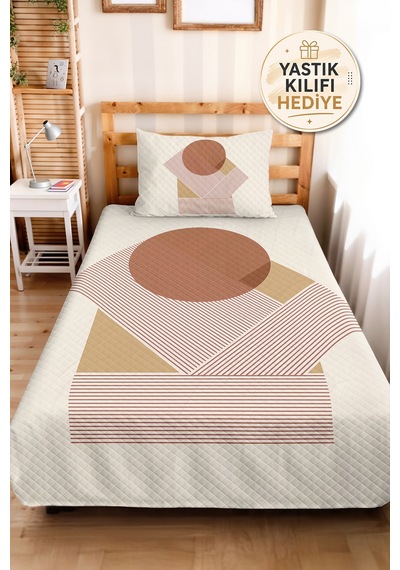 Bej Geometrik Boho Genç Odası Tek Kişilik Pike Takımı - Terracotta 160x220 Cm Kapitone Yatak Örtüsü Naif Örtü Serabı