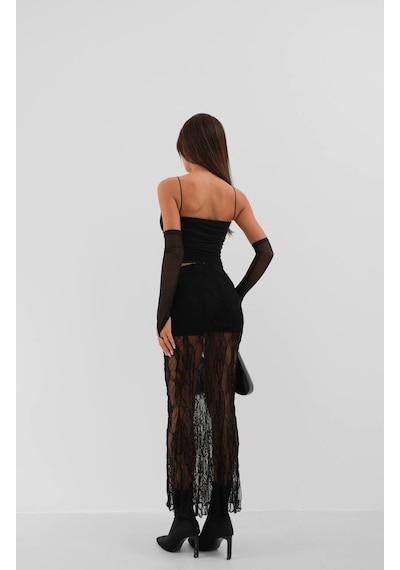 Vuvutasarım Yeni Sezon Kolluk Detaylı Askılı Kadın Tül Bluz 24s15025 Siyah