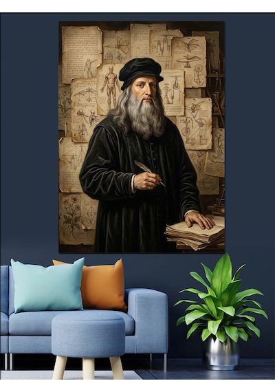 Çalışma Masasında Leonardo Da Vinci Dekoratif Kanvas - Mdf Ahşap Tablo