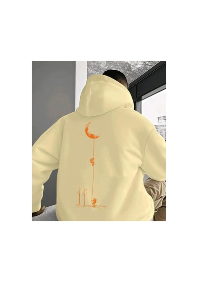 Herkesemoda Arka Desen Baskılı İçi Polarlı Kapüşonlu Sweatshirt Bej
