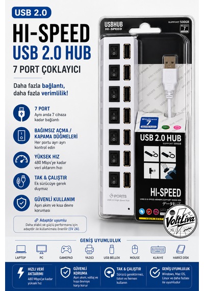 Usb Çoğaltıcı Usb 2.0 - 7 Port - Beyaz