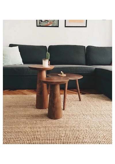 Wood Wooden Ahşap 2'li Set Fitilli Mantar Yan Sehpa Koyu Ceviz