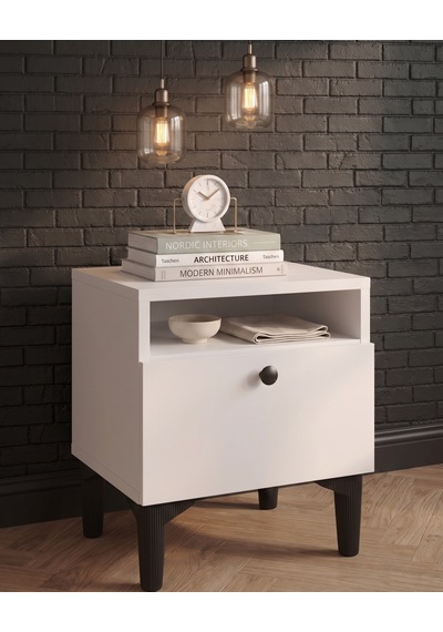 Modern Tasarım Beyaz Komodin - Tek Kapaklı Ve Açık Raflı Ayaklı Yatak Odası Komodini 40x49x32 Cm