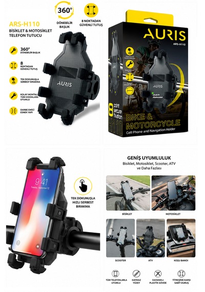 H110 Motosiklet Bisiklet Telefon Tutucu 8 Noktalı 360 E-scooter Uyumlu Gidona Bağlantılı Siyah