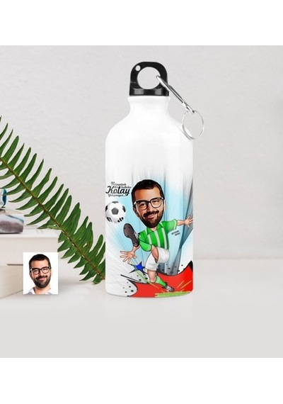 Kişiye Özel Bay Futbolcu Yeşil Beyaz Karikatürlü Metal Suluk (500
