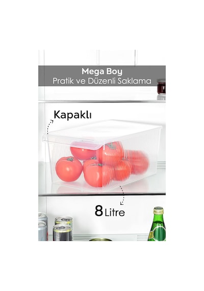 1 Adet Kapaklı Dolap İçi Buzdolabı Düzenleyici - Mega Boy Organizer Meyve Sebze Saklama Kabı 8 Lt Şeffaf