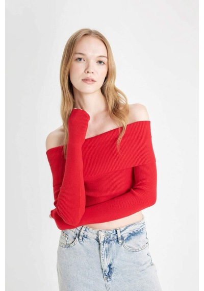 Defacto Coool Slim Fit Dar Kesim Açık Omuz Basic Düz Triko Kazak B6537AX24WNRD106 Kırmızı