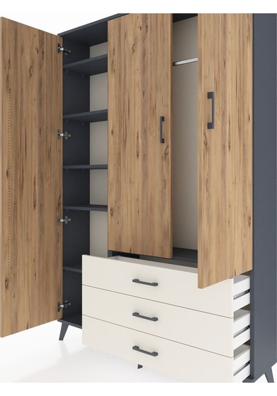 Arges Dolap 6 Raflı 3 Çekmeceli Tek Askılı 132x30x195 Antrasi... Antrasit