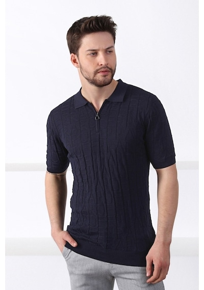 Ferraro Lacivert Polo Yaka Fermuarlı Erkek Pamuk Triko T-Shirt-Lacivert (490417803) Lacivert