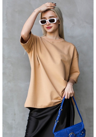 Madmext Bej Bisiklet Yaka Basic Oversize T-shirt Mg1687-bej Bej