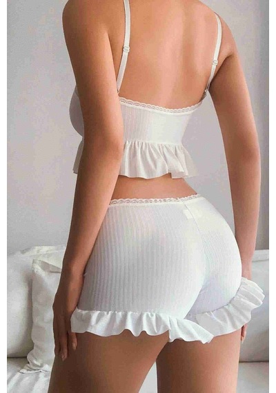Merry See Özel Örme Kumaş Askılı Şortlu Pijama Takımı Beyaz 001